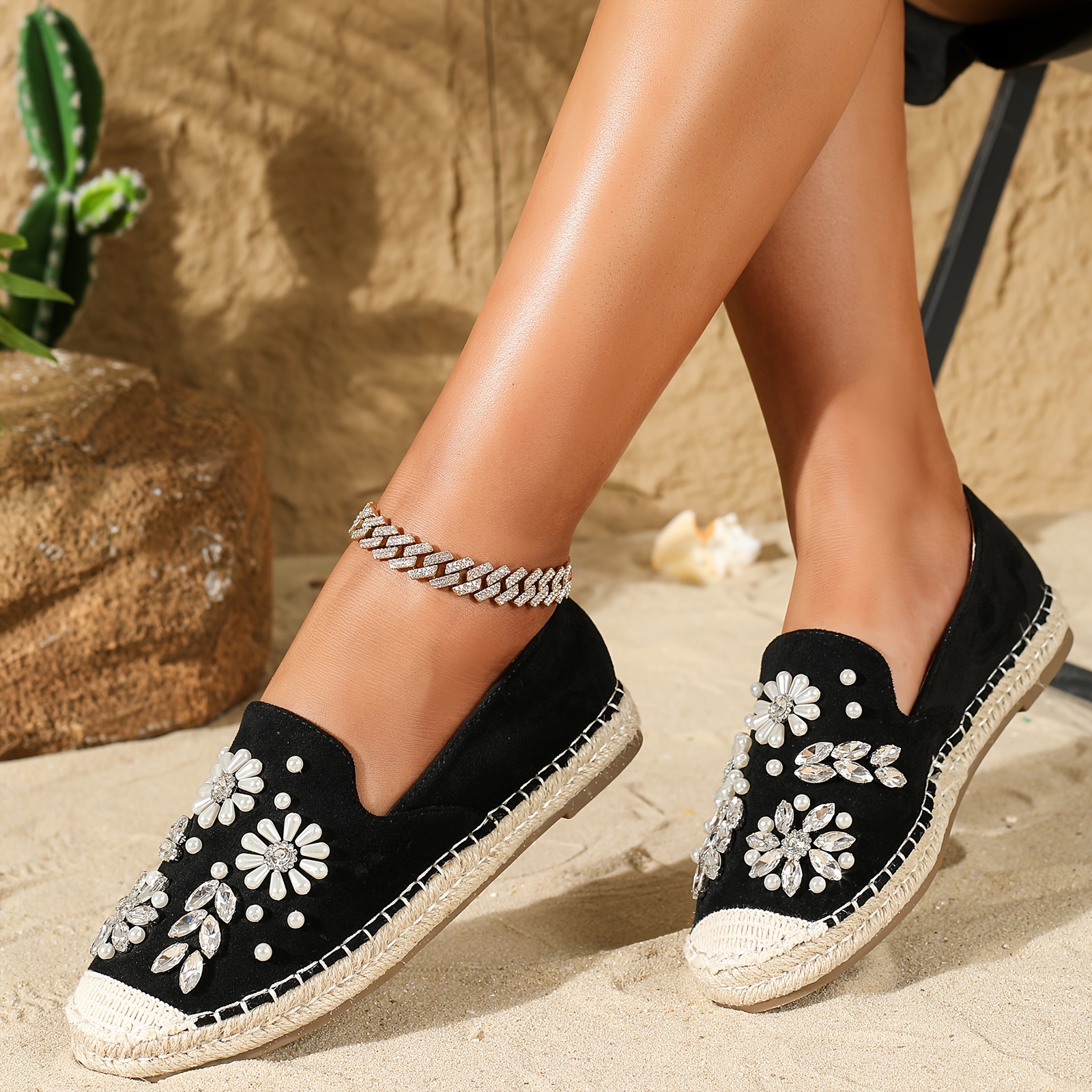 Flache Schuhe mit Espadrille-Sohle für Damen, Schlupfschuhe mit  Strass-Blumen-Design, lässige, leichte Halbschuhe