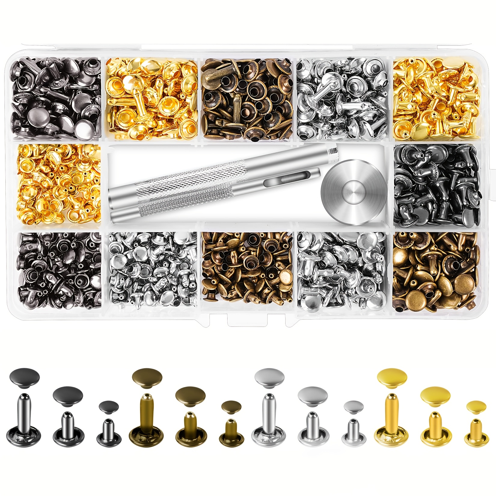 483/484/724pcs 3 Sizes Leather Rivets Rivet Tubular Metal Studs With 3pcs Setting Tool Kit For Leather Craft Repairs Decoration
