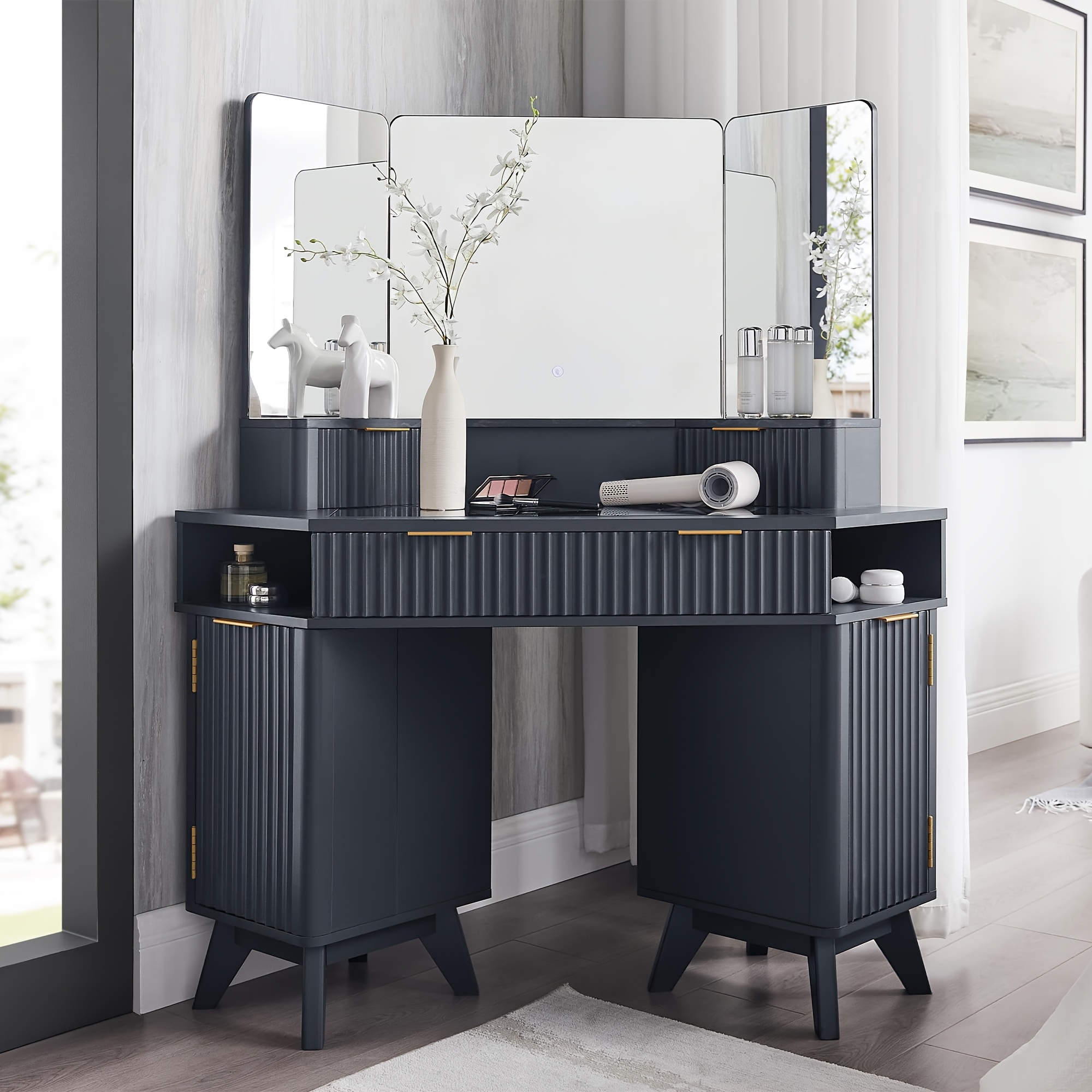 Fluted Makeup Vanity Desk With 3-way Mirror, 48" Large Corner Vanity Table With Glass Top, 3 Drawers, Storage Cabinets & Shelves, For Bedroom