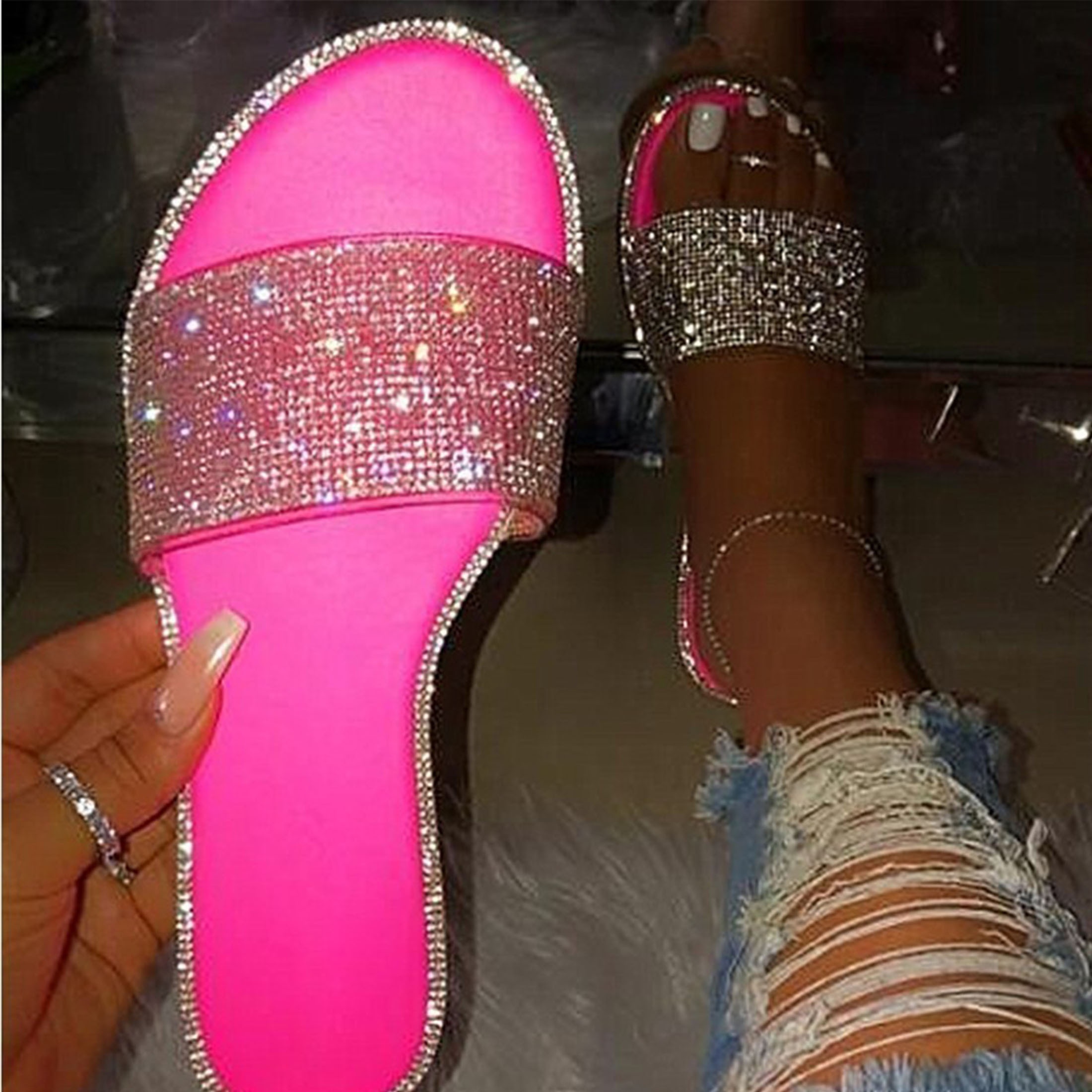 women's sparkly diamond solid color flat sandals summer - Temu