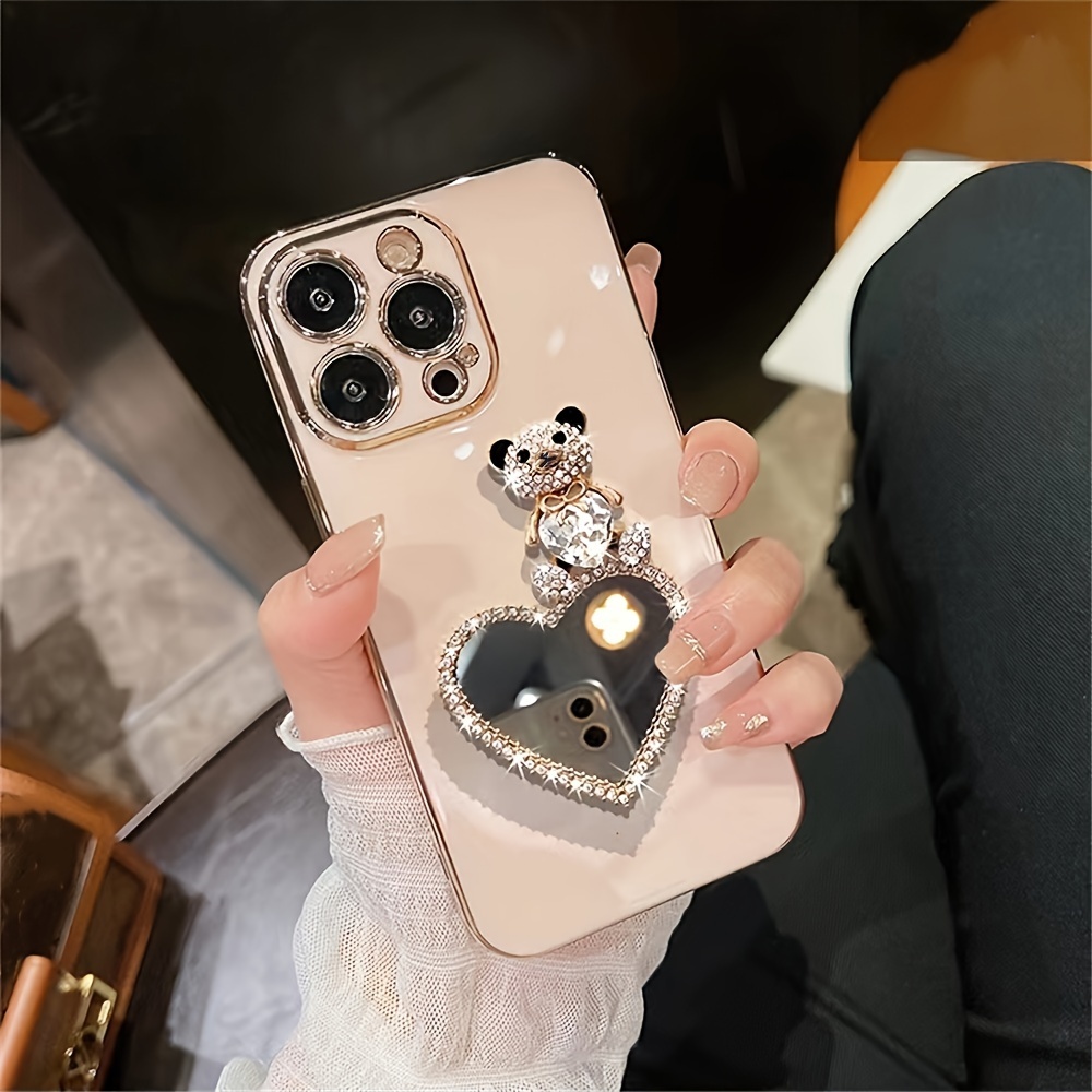 cute glitter bear love makeup mirror electroplated case for iphone 15 14 13 12 11 pro max soft silicone cover details 2