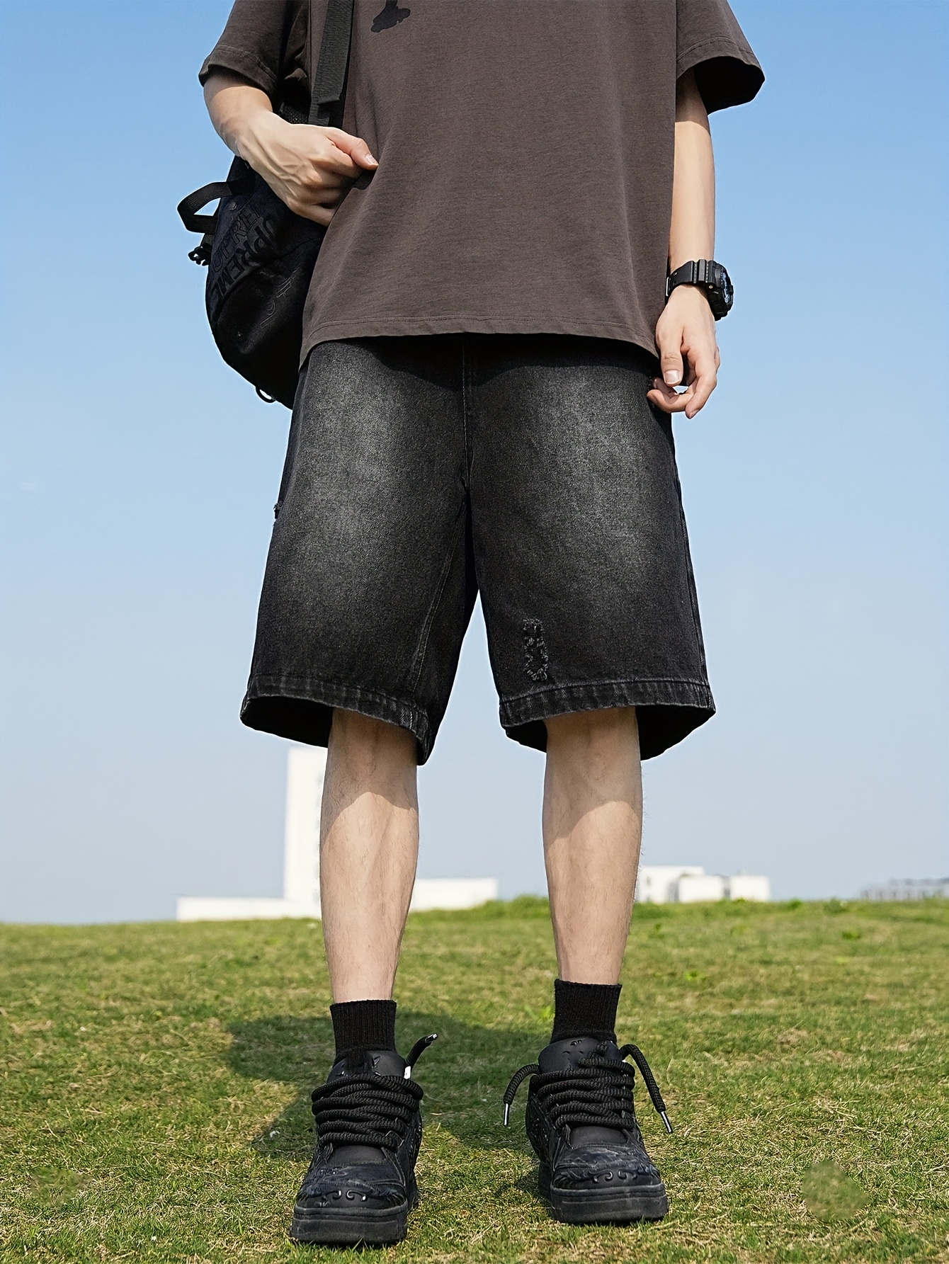 mens black denim shorts american streetwear style loose fit Temu