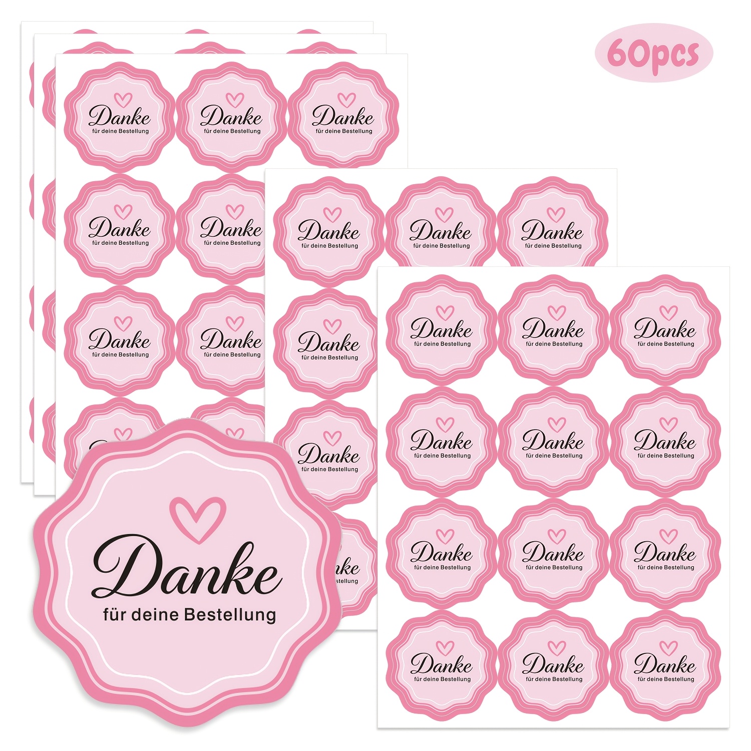 Image of 60 Pink Heart German Thank You Stickers, "danke Für Deine Bestellung" (thank You For Your Order) Sealing Stickers, Cross-border Small Package Decorative Self-adhesive Labels