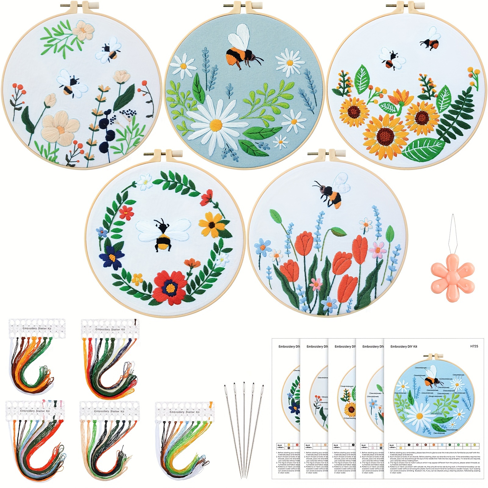 

Embroidery Starter Kit For Beginners 5 Set Cross Stitch Kits For Adults With Floral And Bee Pattern Include 2 Embroidery Hoops, 5 Embroidery Clothes, 5 Instructions, Enough Needles And Threads