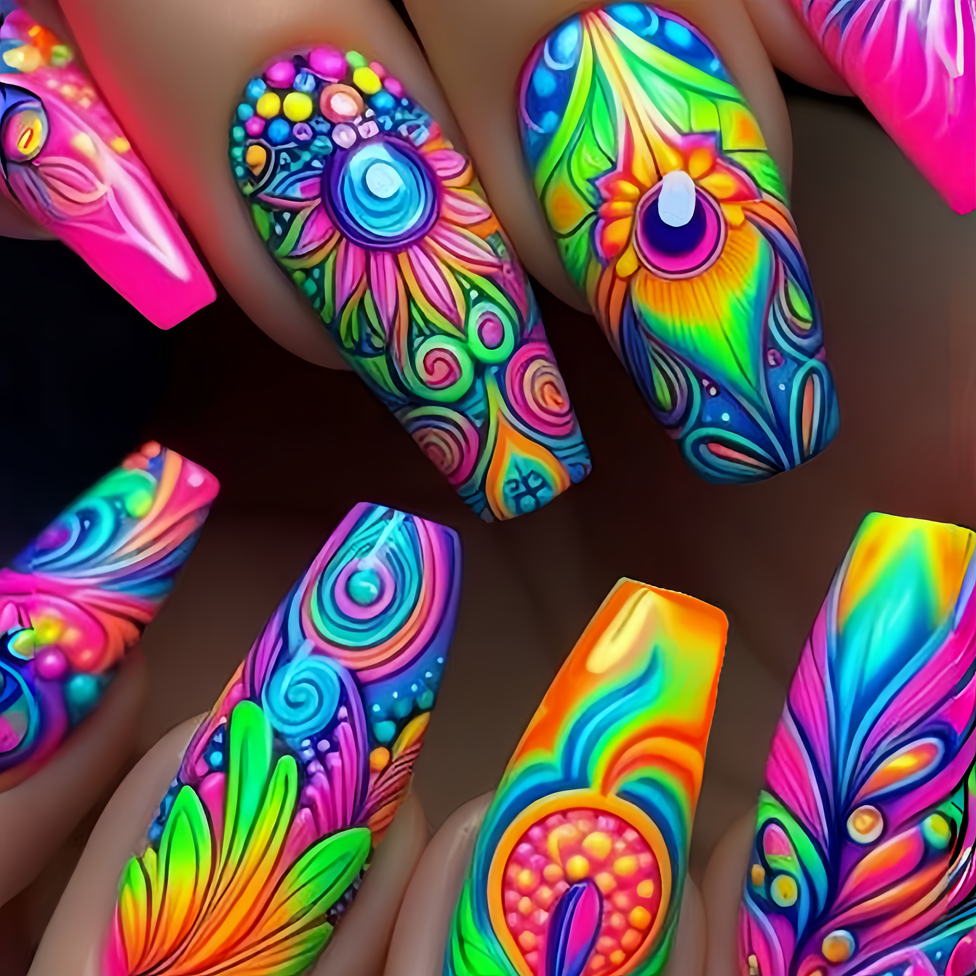 

24pcs Vibrant Feather Press-on Nails Set - , Long Coffin Shape With Floral & Swirl Designs, Removable Fake Nail Kit For A , Look, Decor