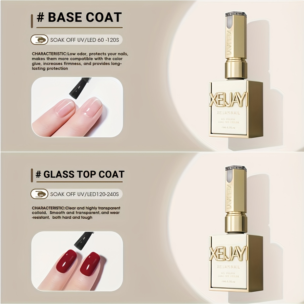 Image of Xeijayi 2pcs Functional Gel Base Coat And 15ml No Wipe Gel Nail Polish /led Soak Gel Glossy Sealer Shiny Varnish