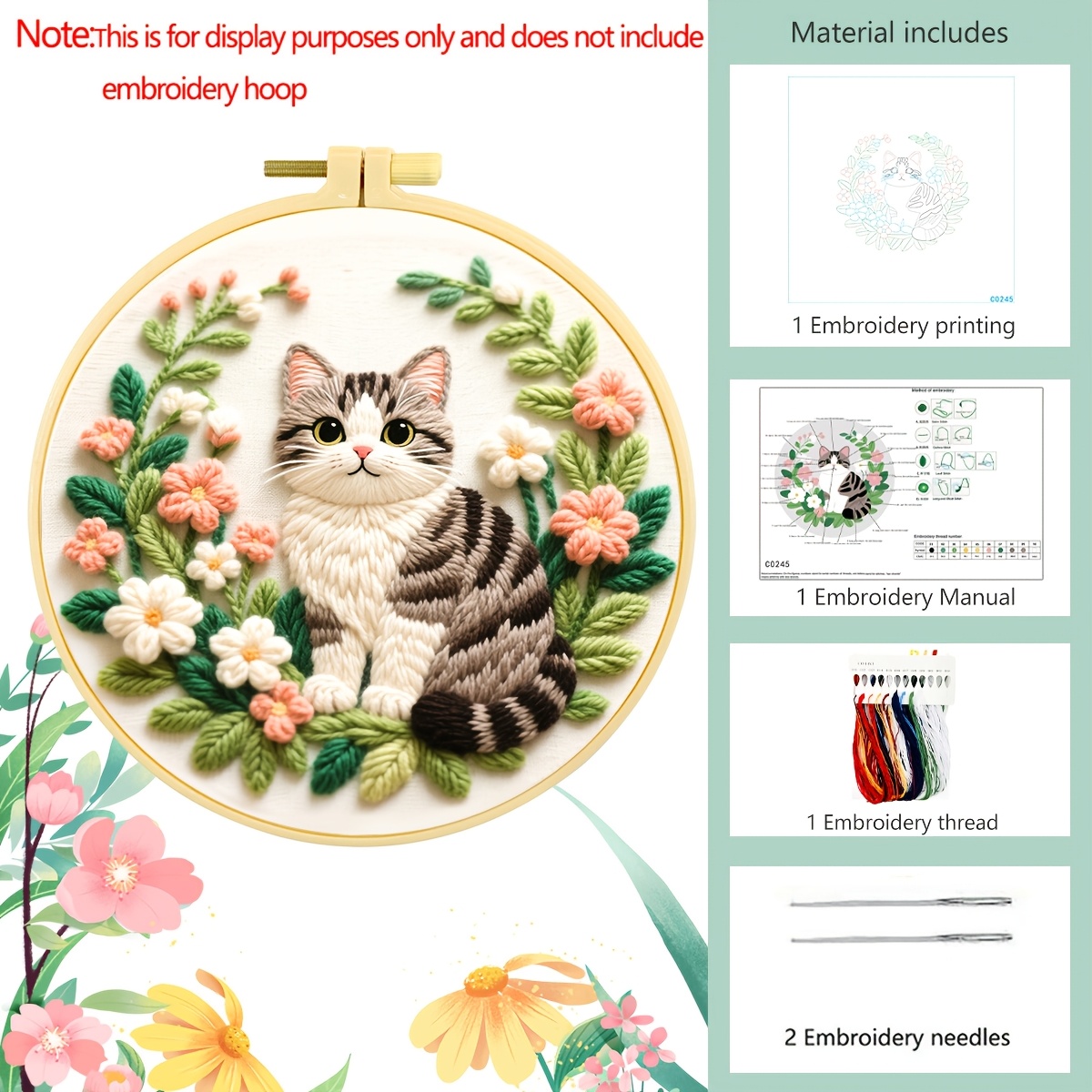 TEMU A Beginner's Embroidery Kit Featuring A Cute Striped Cat In A Pattern. This Needlework Set Includes Embroidery Thread, Printed Fabric, And An