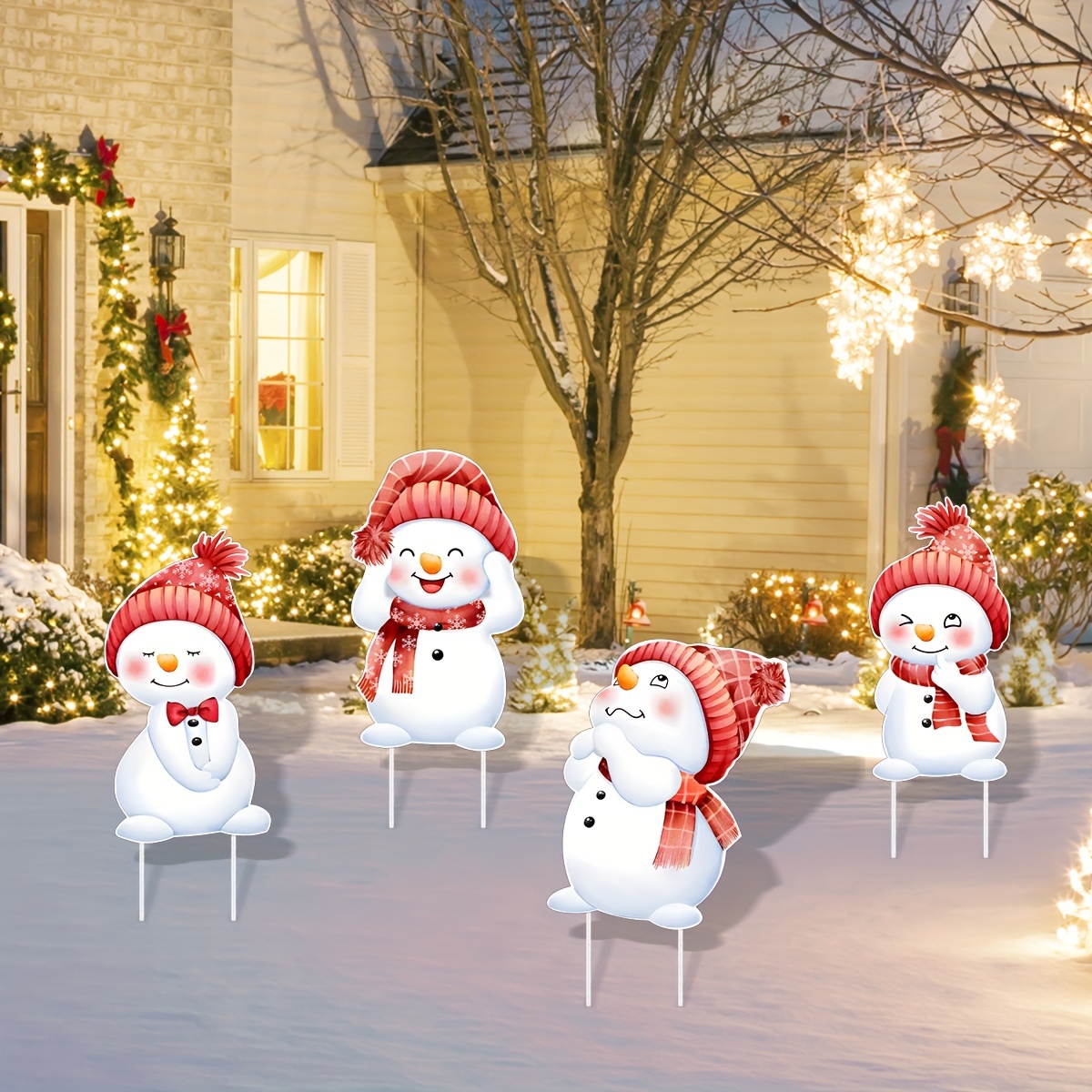 

4- Plastic Snowman Signs Stakes - Christmas Holiday Lawn Decorations, No-electricity Display, -mounted Ornaments