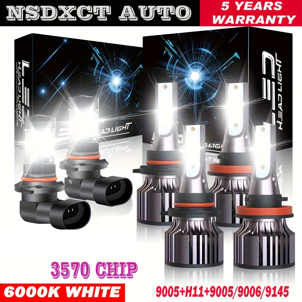 TEMU 6pcs 6000k White Led Headlights Bulb High Low Beam Fog Light, 9005+h11+9005/9006, H7, H11, , 880, 881, 5202/h16, Cooling Fast, 5x