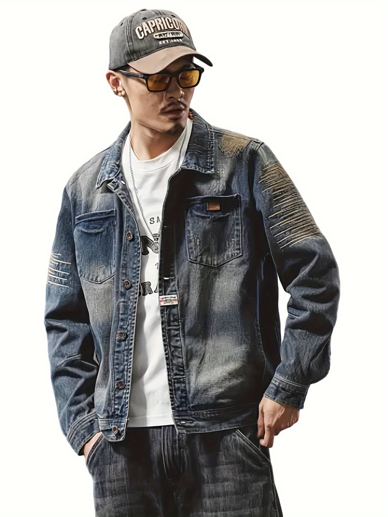 Men's Chic Denim Jacket Casual Street Style Chest Pocket - Temu