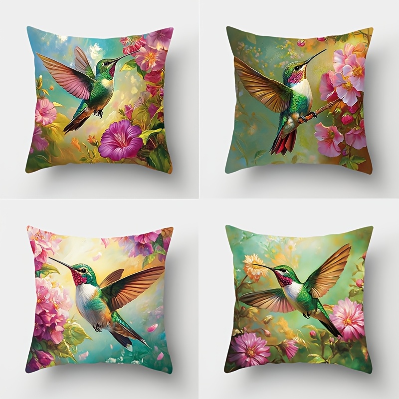 

4pcs Hummingbird Floral Throw Pillow Covers, Contemporary Style, 17.7" X 17.7", Machine Washable, Zipper Closure, Woven Polyester, Decorative Pillowcases For Living Room With Without Inserts