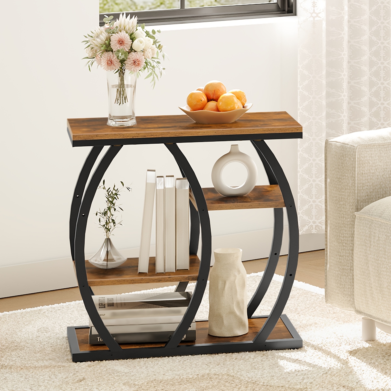 Image of Industrial Style Side Table, 4-tier Narrow Coffee Table, Storage Sofa Table, With Retro Wood Grain Panel And Golden Metal Frame, Suitable For Living Room, Bedroom, Office, And Black