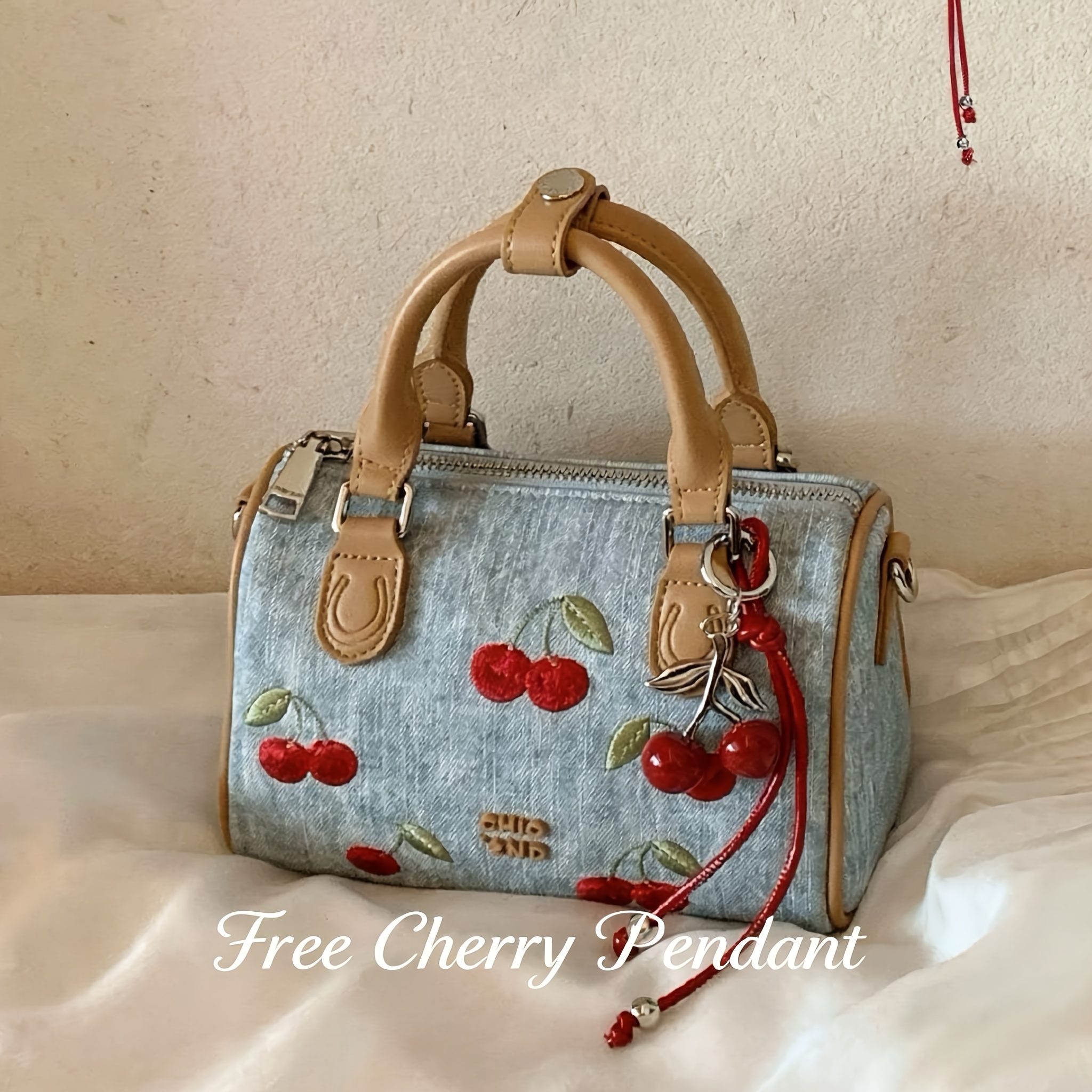 TEMU Sweetheart Cherry Handbag Women's Blue Boston Bag Office Small Tote Bag Daily Shopping Date Casual Bag Office Handheld Bag Gift For Sisters Best