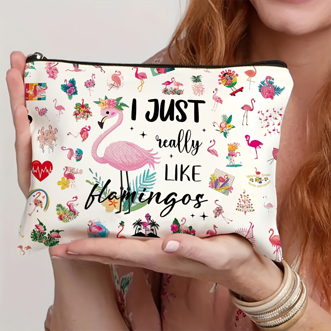 TEMU Flamingo-themed Makeup Bag, 1pc - Cute And Compact Travel Cosmetic Pouch With Zipper, Vacation, Fitness, Camping - Polyester, Mixed Colors,