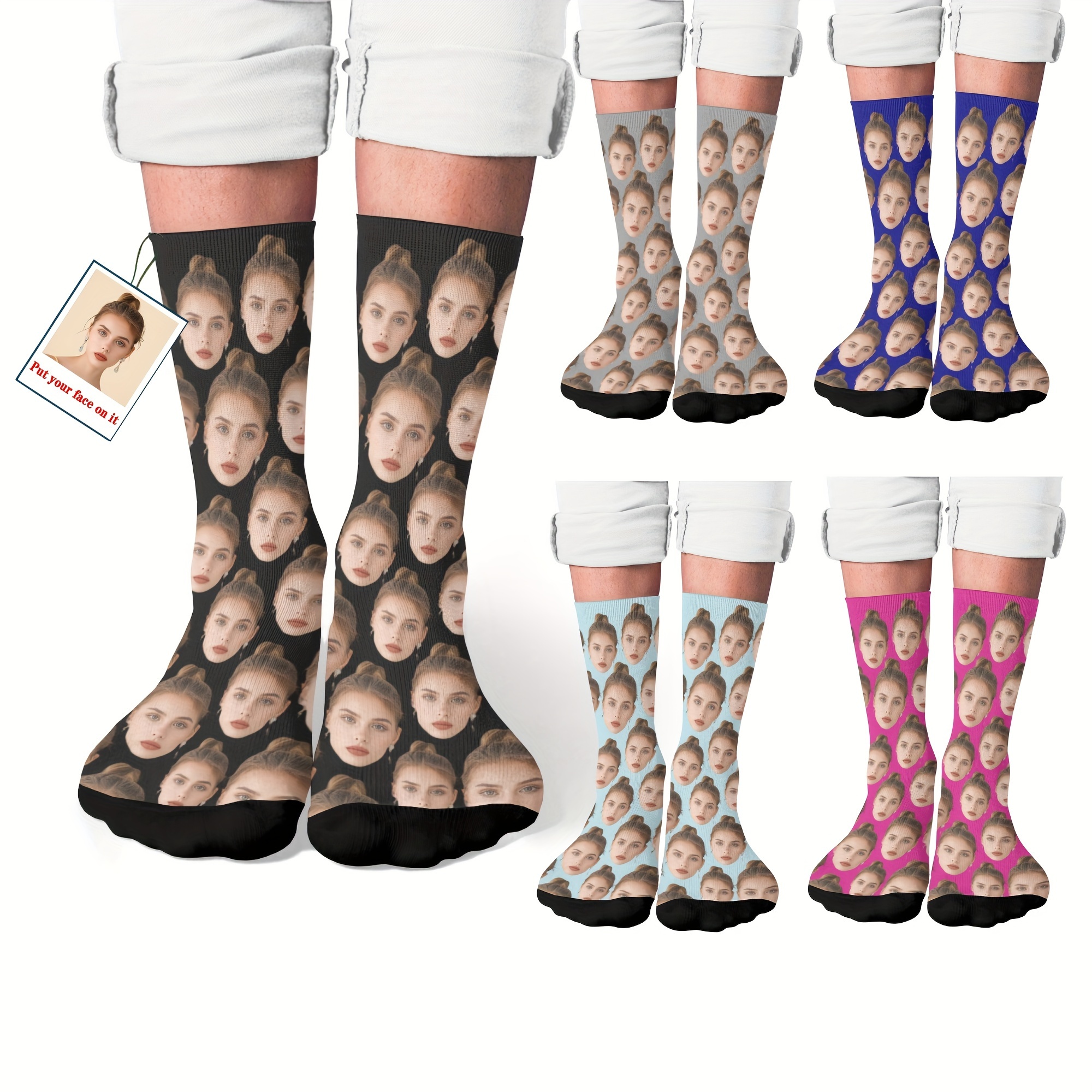 

Custom Face Socks, Personalized Funny Gift Socks With Photo Customized, Solid Color Background, Novelty Trendy Crew Party Present Socks For Men Women