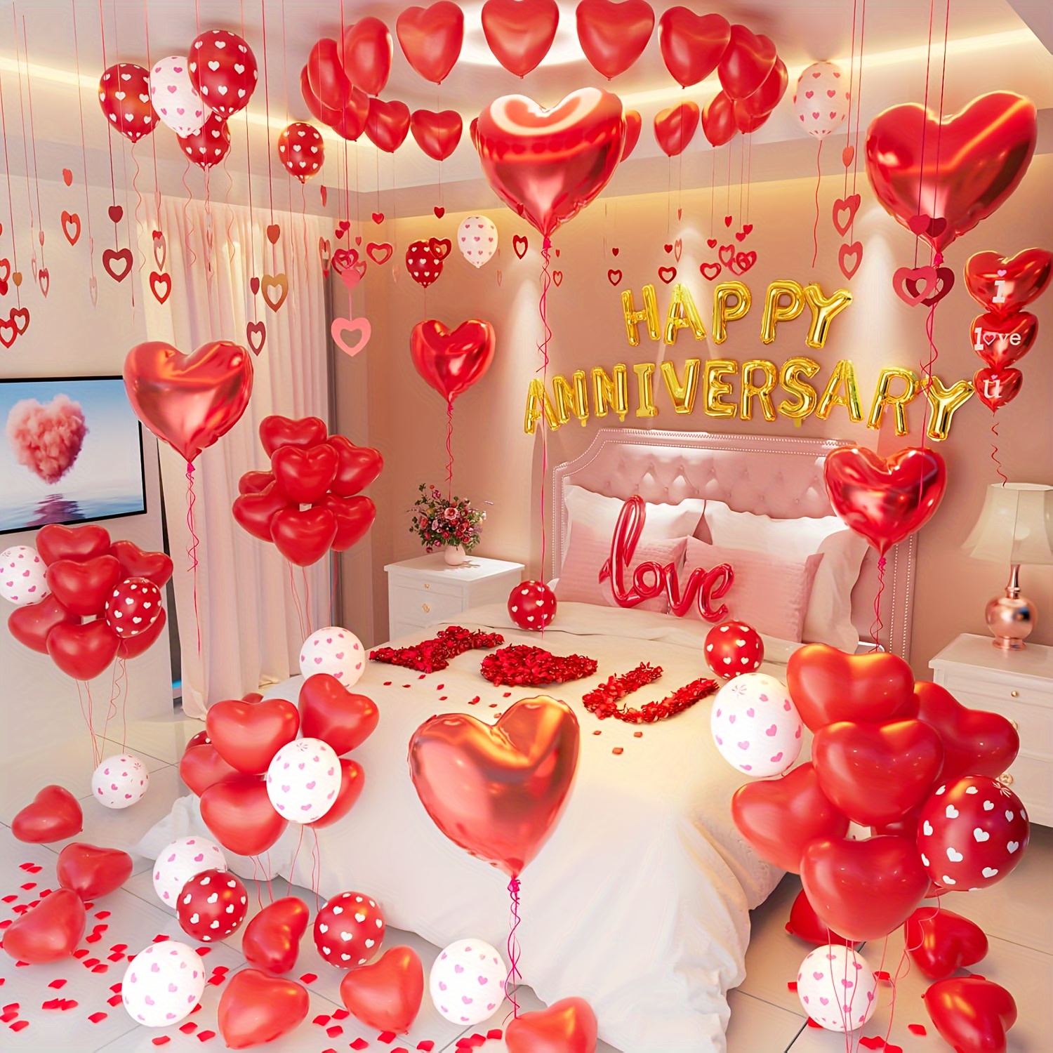 

96pcs, Valentine's Day Decoration Anniversary Love Balloons, Love Pendants, Love Balloons. Rose Petals Romantic , Marriage Proposal, Wedding Room Background Wall Bed Decoration