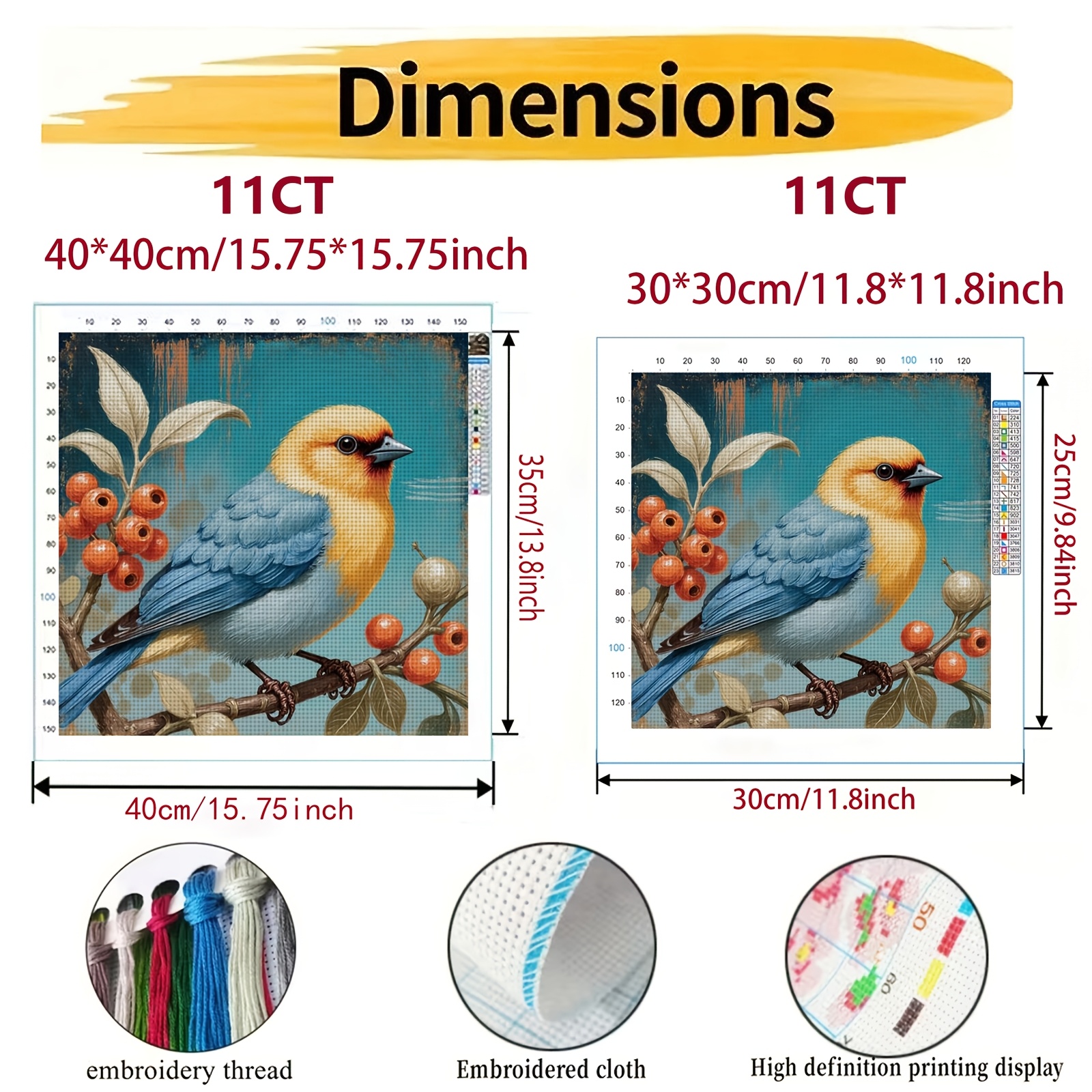 Cross Stitch Kit "Colorful Bird on Berry Branch" Pattern, Ideal for Beginners