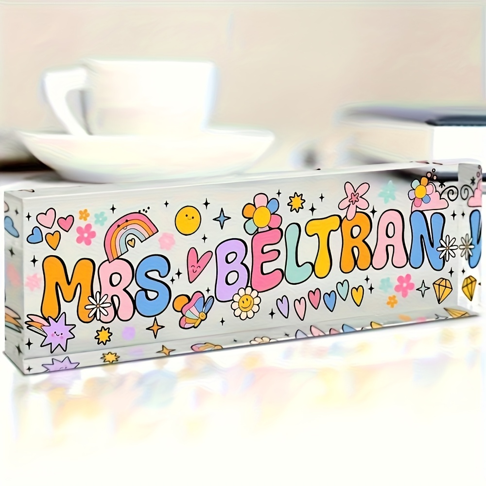 TEMU Plaque de Nom en Acrylique Personnalisable 2D Plate pour Enseignant - avec Motif Florale et Étoilé, Décoration de Bureau Personnalisée pour ou ,