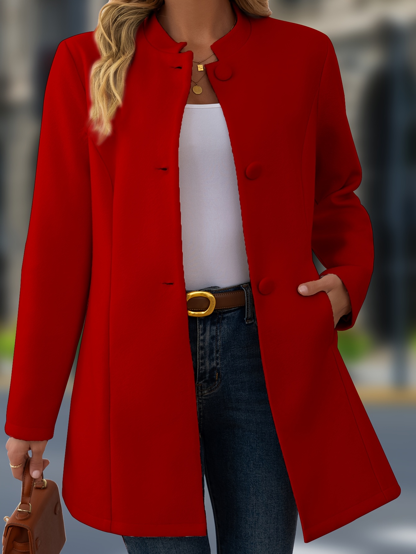 Chaqueta casual para mujer de poliéster, cuello alto, manga larga, abotonada, color sólido, para otoño/invierno - Imagen 3