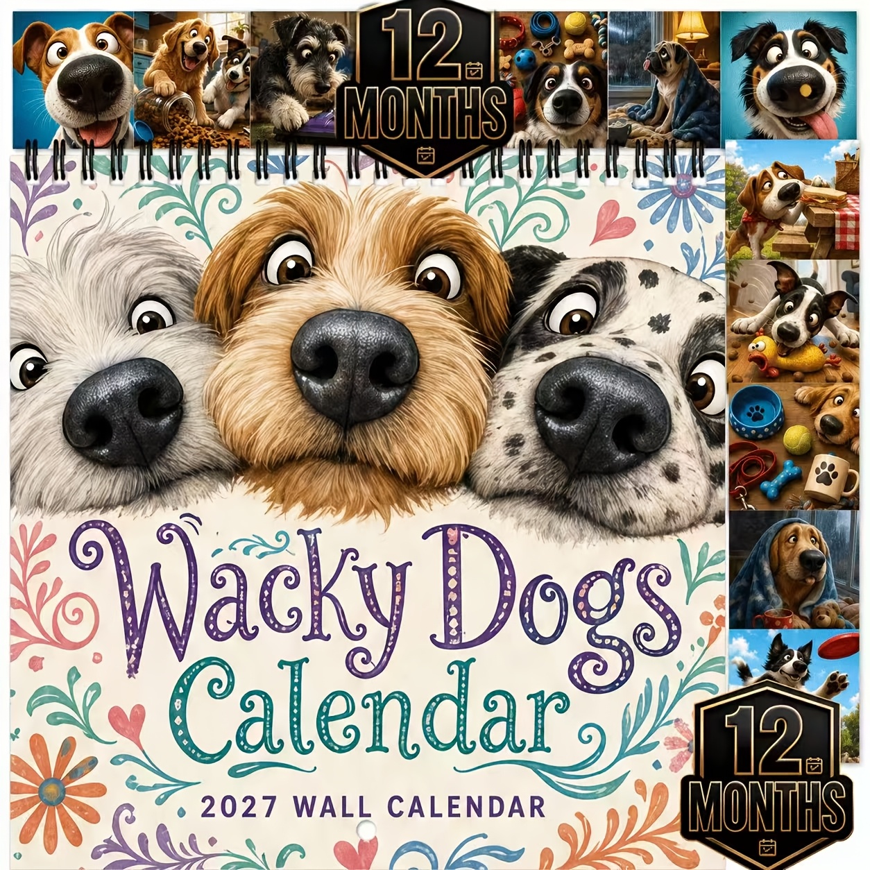 TEMU Calendrier Mural 2027 Chiens Amusants 2027, Agenda Mensuel 12 Mois, Calendrier Suspendu à Spirale Double Fil Métallique avec Grand 'Écriture,