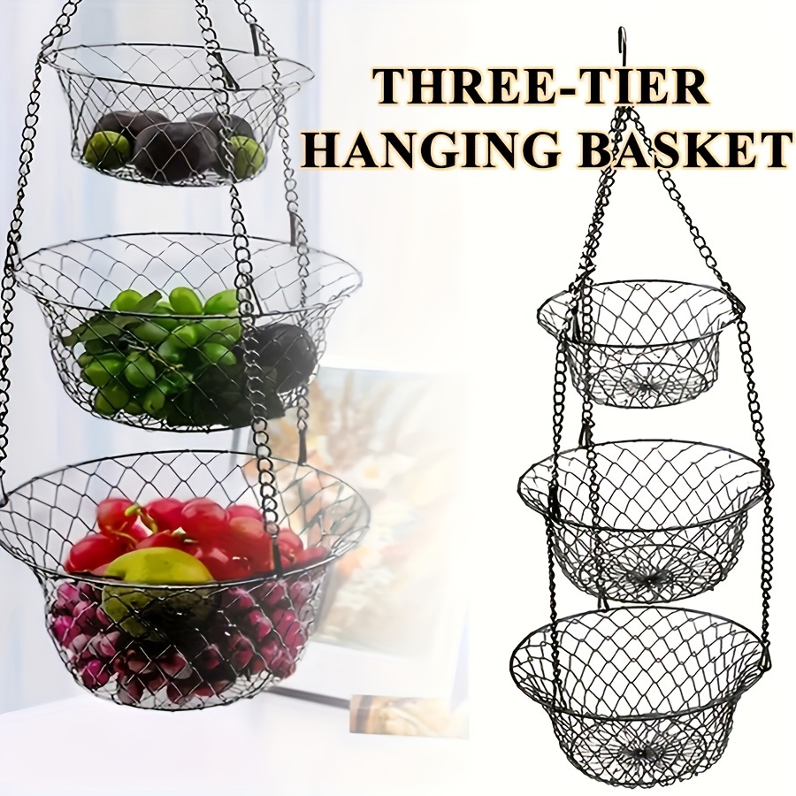 

Foldable Three-tier Hanging Basket, Storage Organizer For Fruits, Vegetables, Accessories, Suitable For Kitchen, Living Room, And Bathroom Decoration, Providing Abundant Storage Solutions