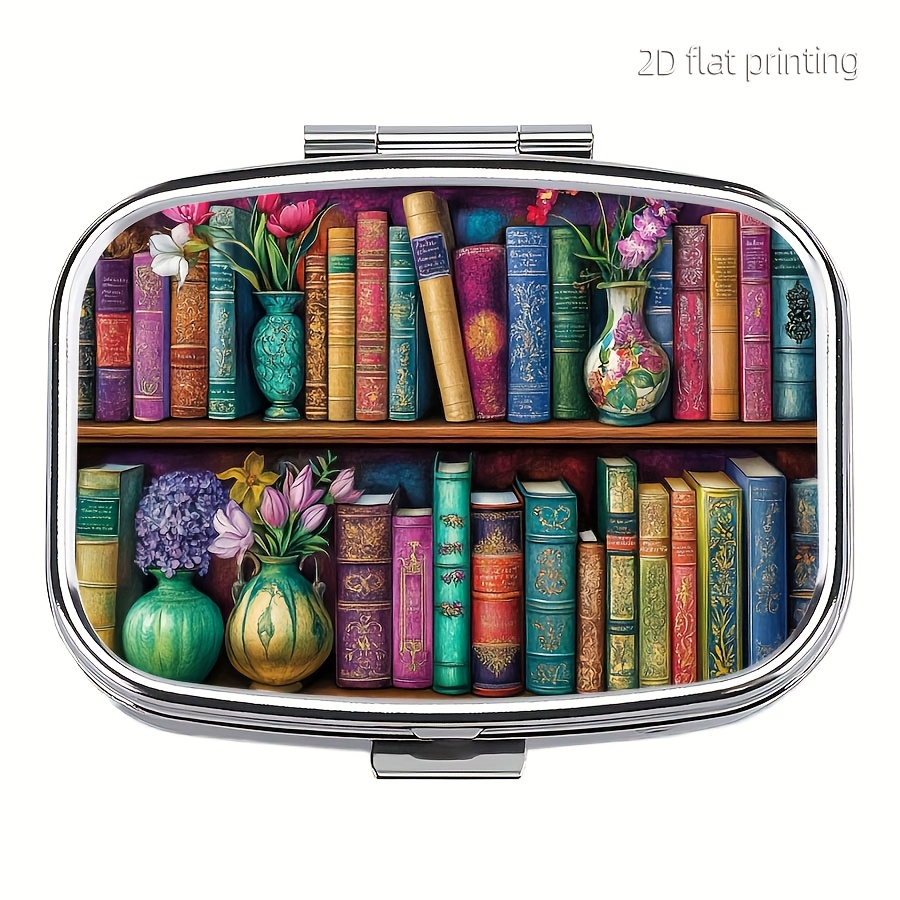Image of 1pc Beautiful Bookshelf Pill Box - 2-grid Portable Pill Organizer, Multi-functional For Jewelry Earrings, Travel & Outdoor Activities, Travel Pill Organizer