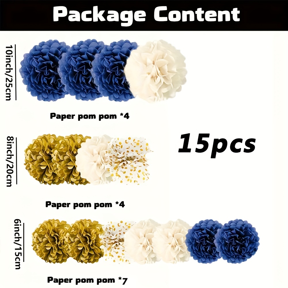 15 Navy Blue And Golden Paper Flower Balls | Elegant Paper Decorations With A Soft Texture | Suitable For Weddings, Bridal Showers, Birthdays, And Graduations