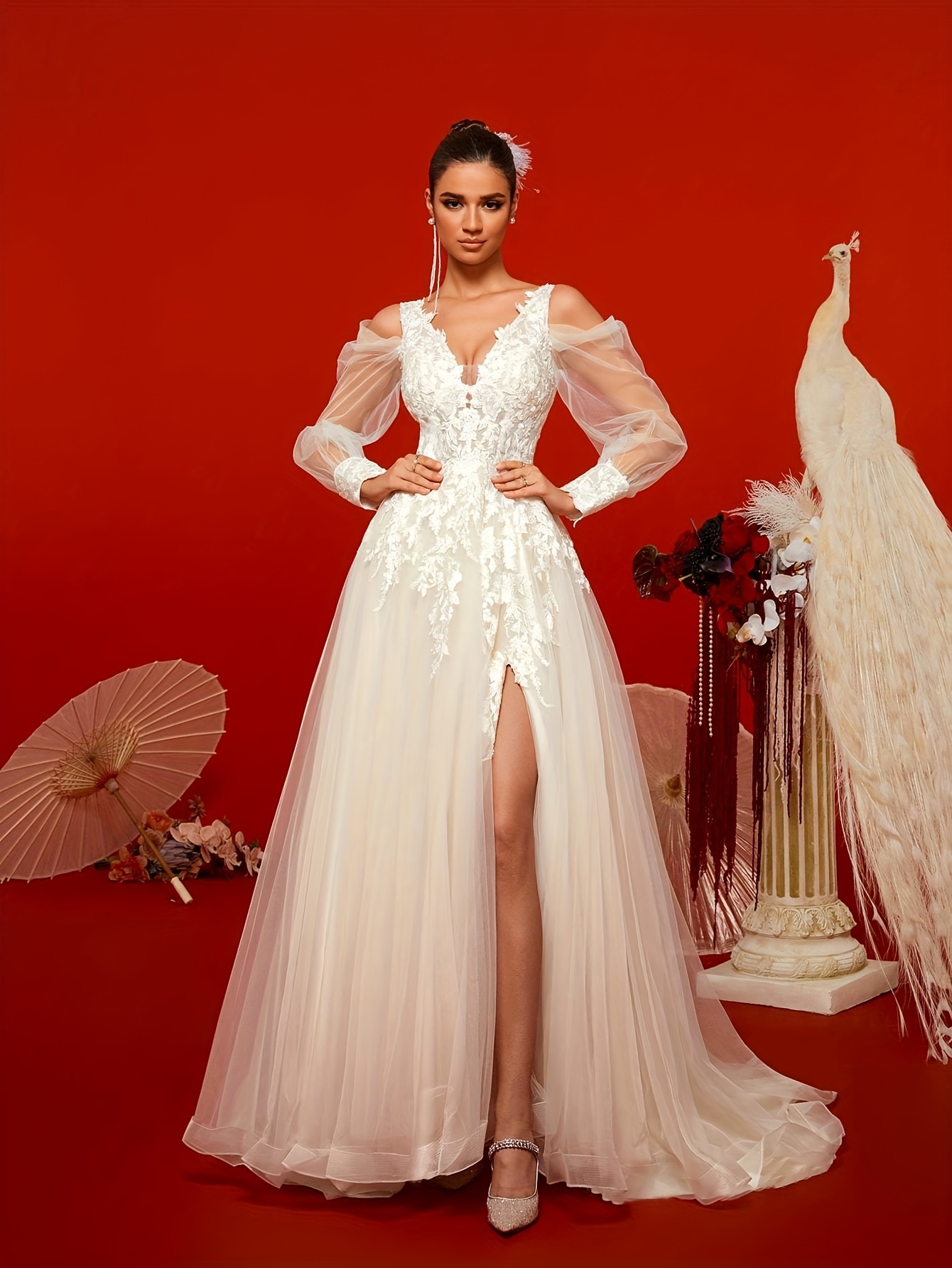 Fashionable and Elegant Goddess Style New Floral Lace Embroidered Romantic  Deep V-Neck Flared Wedding Dress, and Luxurious Banquet Dress, Suitable for  Bachelorette Parties, Weddings, Graduations, and ...