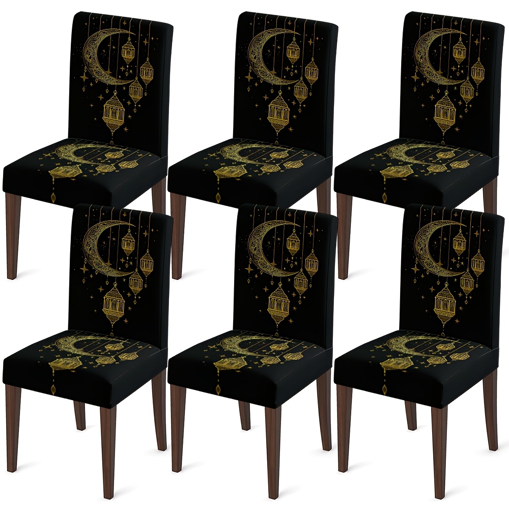 TEMU Dokriy, Polyester Spring Ramadan Festive Black And Golden And Lantern Pattern Dining Chair Covers - Stretchable Slipcovers For Elegant Dining