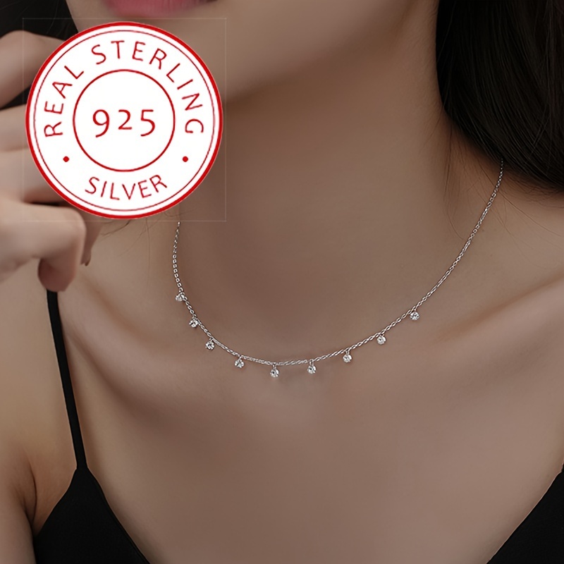 

925 Sterling Silver Luxury Golden Gypsophila Water Drop Round Geometric Plain Chain Necklace, Minimalist Elegant Versatile Clavicle Chain Jewelry Gifts For Women
