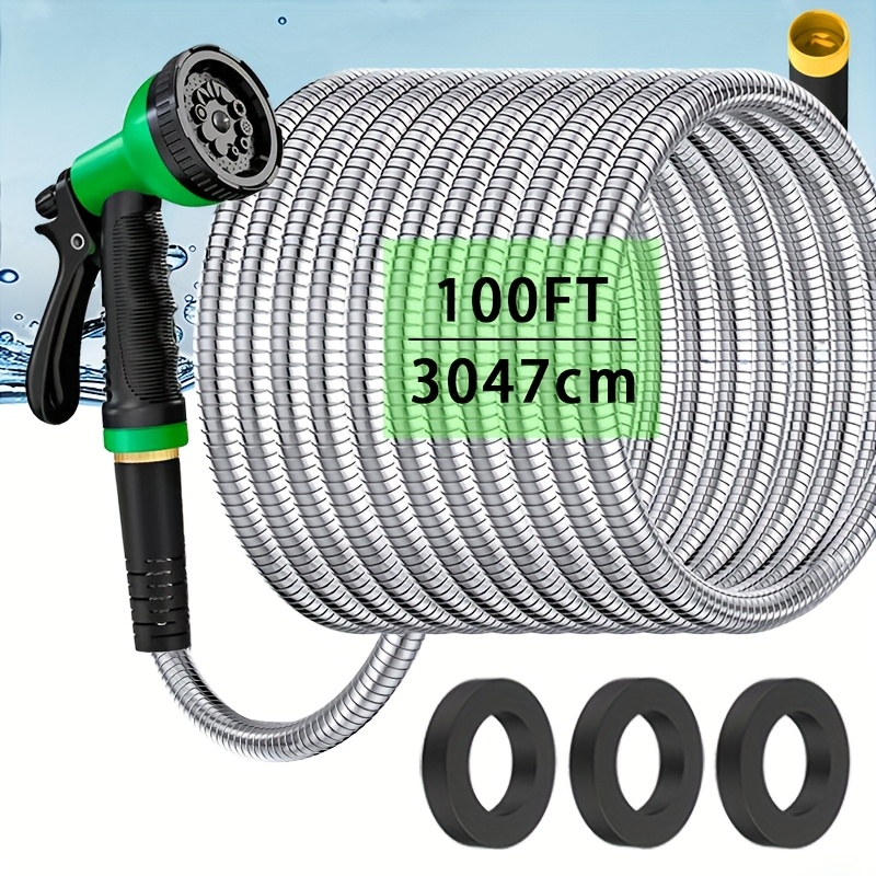 TEMU 10/25/50/100 Feet Heavy-duty Stainless Steel Garden Hose - 304 Grade, 10-function Nozzle, Brass Joint, Leak-proof, Stab-proof, Non-winding,
