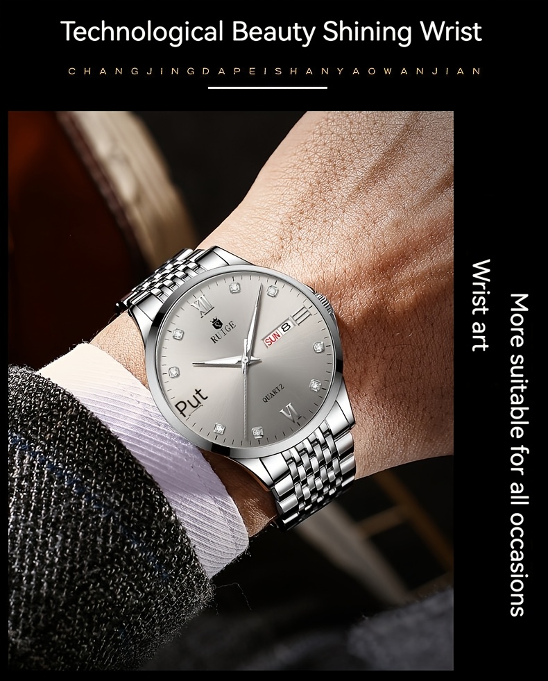  mens stainless steel quartz watch elegant glow in the dark dial with calendar roman date display design thanksgiving day gifts details 5