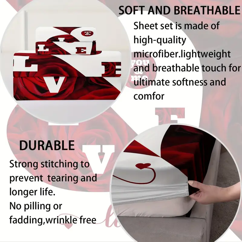 4pcs red and white roses sheet set heart shaped valentines day couples bedding with flat sheet duvet cover and 2 pillowcases breathable suitable for suitable for bedroom and hotel Product details 3