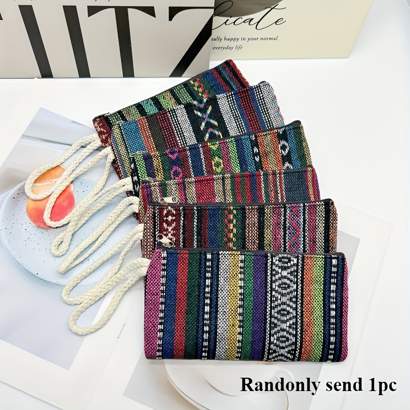 Image of Random Color Retro Ethnic Style Phone Pouch Women&; Card Bag Wristlet Easy Handheld Striped Canvas Bag Best Small Gift