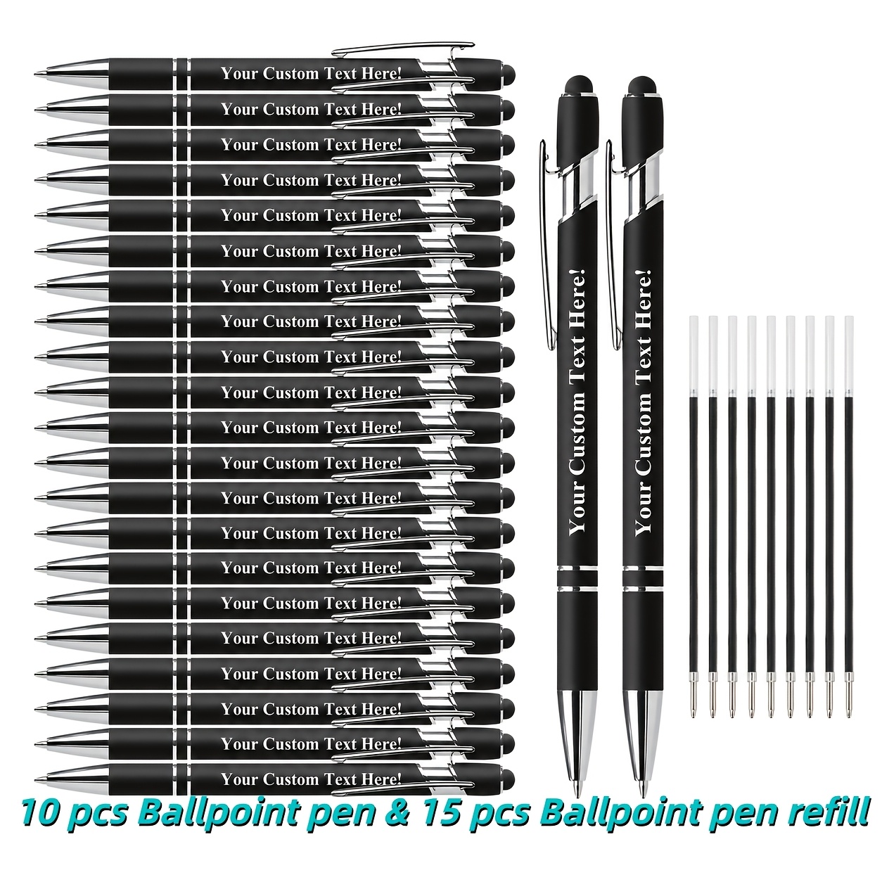 TEMU 25pcs Personalized Metal Ballpoint Pen Set, Including 10pcs Custom Pens And 15pcs Refills | Name, Logo, Slogan Engraving Available, Ideal For