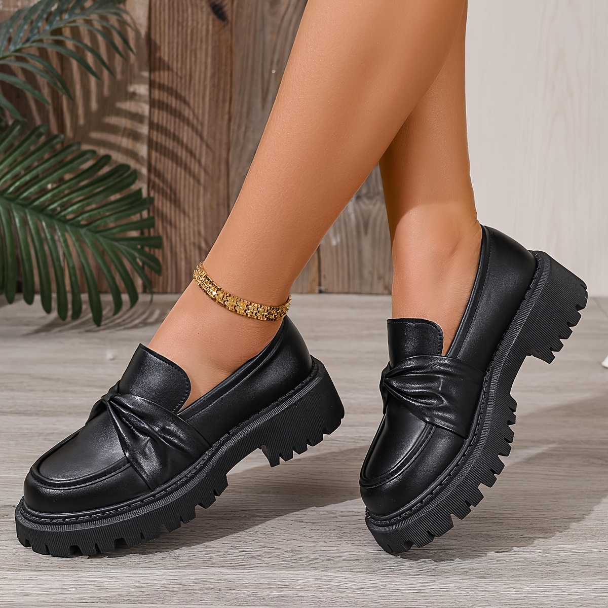 women's black thick sole loafers bow detail stylish penny Temu