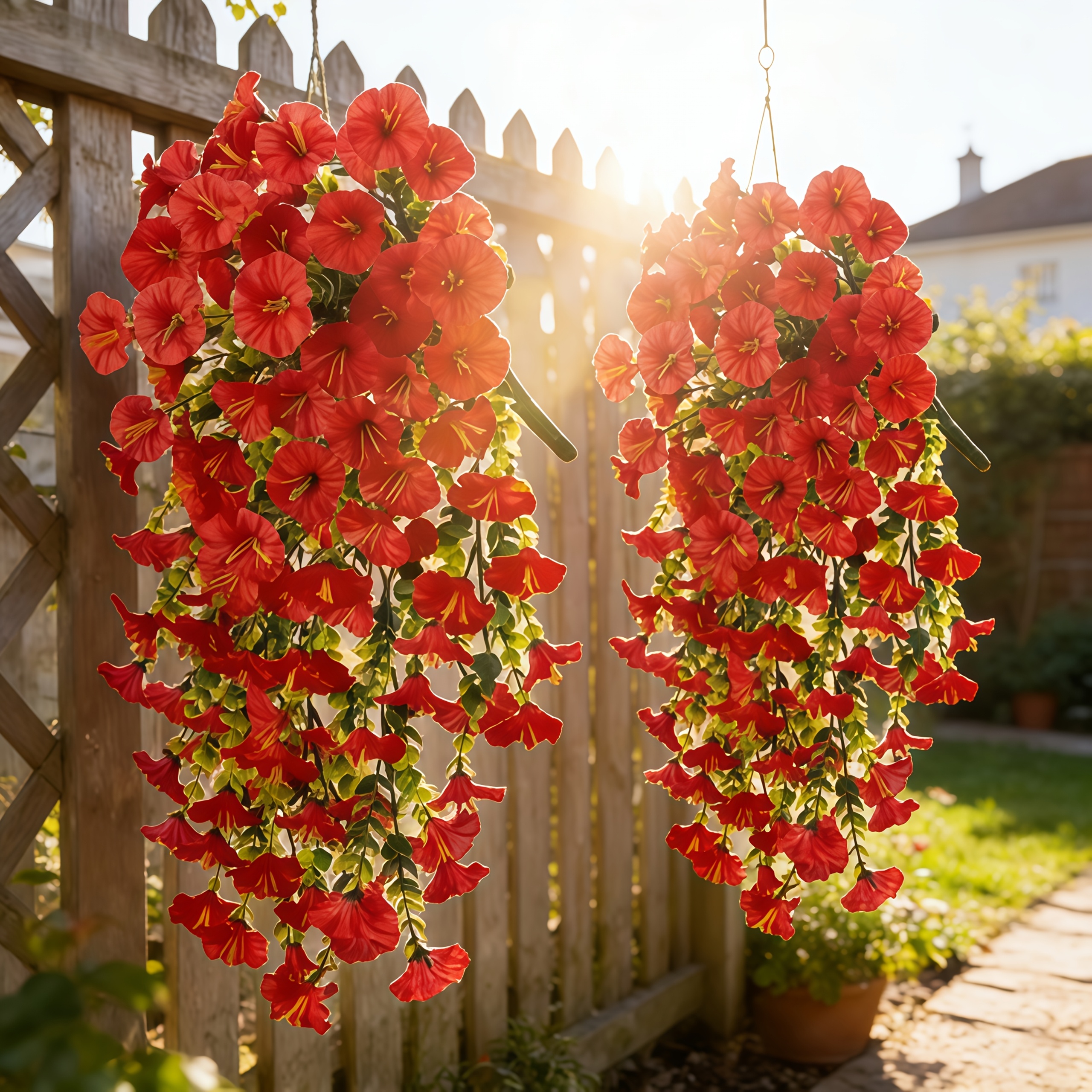 3er-Set künstliche hängende Rankpflanzen aus Kunststoff – Realistische rote Blumendekoration * für Hochzeiten, Veranden, Terrassen, Innen/Außen – Pflegefreie, ganzjährige Dekoration für Thanksgiving,