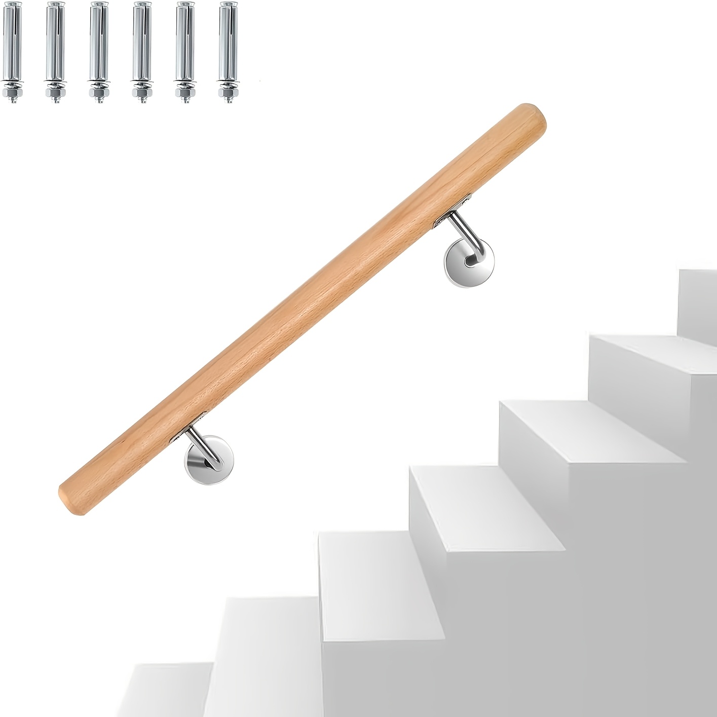 Image of Stair Handrail, Wall-mounted Handrail With Wall Brackets And End Caps, 42 Mm Diameter, Wall-mounted Stair Handrail, Anti-slip Handrail Suitable For Stairs And , In Lengths Of 50 Cm, 80 Cm, And 100 Cm