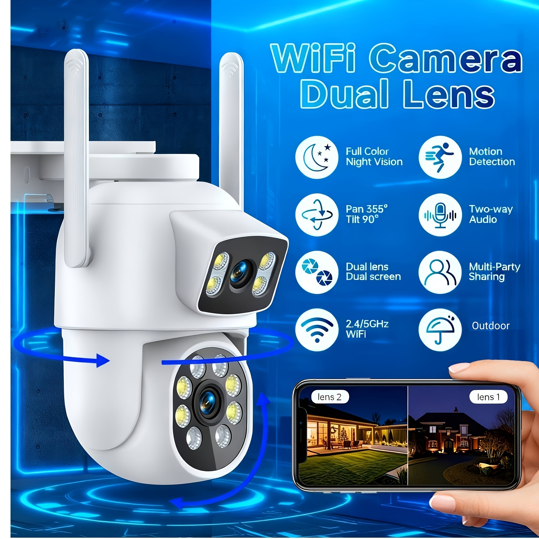 ZHXINSD Камера за външна охрана с двойна леща и 1920P 2.4G/5GHz WiFi, 355° панорамен изглед, детекция на движение, двупосочно аудио, цветно нощно виждане, автоматично проследяване, облачно съхранение (изисква плащане), домашна сигурност, модерно наблюдение, домашно наблюдение