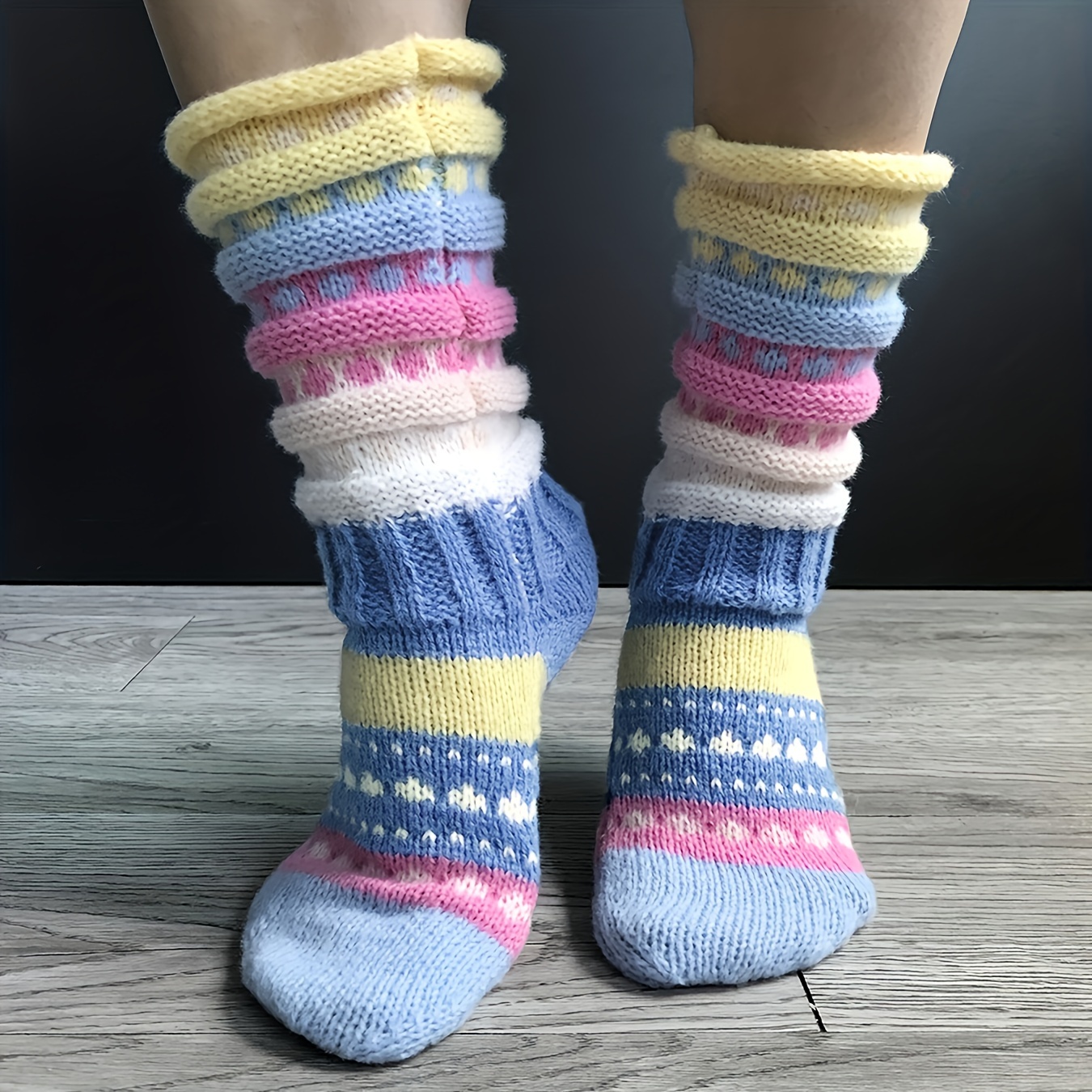 

Striped Socks, Cozy Warm Chunky Knitted Floor Socks For Fall & Winter, Women's Stockings & Hosiery