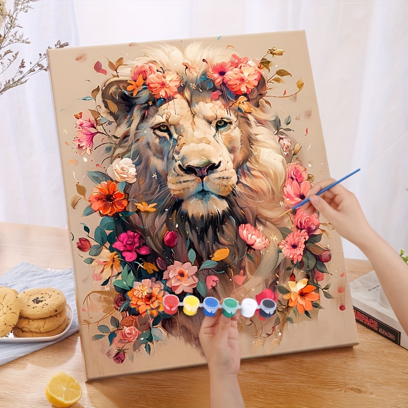 

artistic Relaxation" Diy Paint By Numbers Kit For Adults - Golden Lion & Flowers | 16x20" Canvas | Easy, Relaxing Art Craft | Frameless Oil Acrylic Painting | Perfect For Home Decor & Gifts