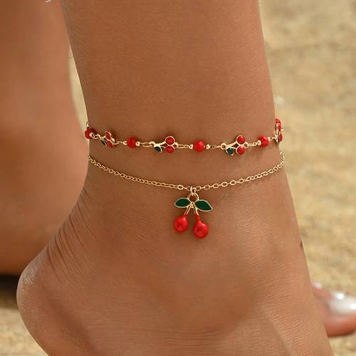 2pcs womens stackable cherry pendant anklets suitable for casual travel beach vacation daily wear