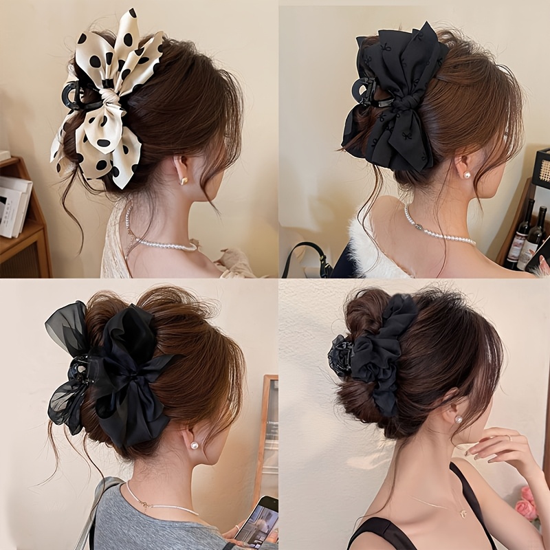TEMU 4pcs Large Fabric Bow Hair Claw Clip, Coquette Style Polka Dot/solid Color Shark Jaw Clip, Non Slip Hair Catch Barrette For Thick Hair, Women