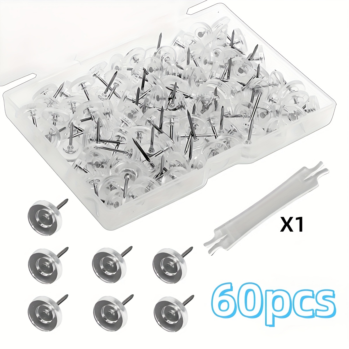 E-shop 60 Transparente Flachkopf-Nägel, Bilderrahmen-Wandbefestigungen, Reißzwecken, Pinnwand-Pushpins, inklusive einem Hilfswerkzeug