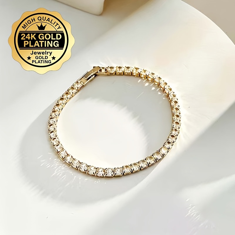 TEMU 2026 New 24k Gold Plated Bracelet, Fashionable Bracelet, Golden 3a Zirconia Bracelet, Fashion Accessory, Sparkling 3a Zirconia, Suitable For