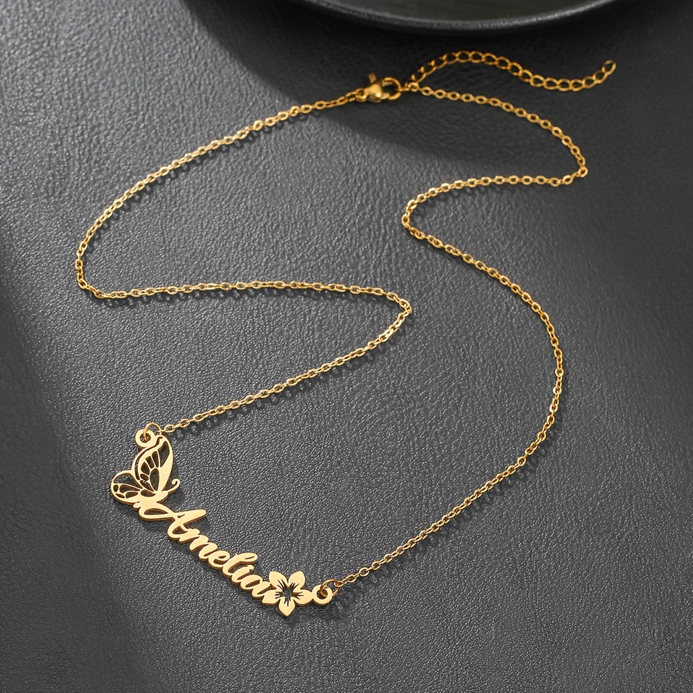 TEMU Personalized Custom Elegant And Minimalist 304 Stainless Steel Women's Fashion Flower And Pendant Necklace. Custom Engraving Available For