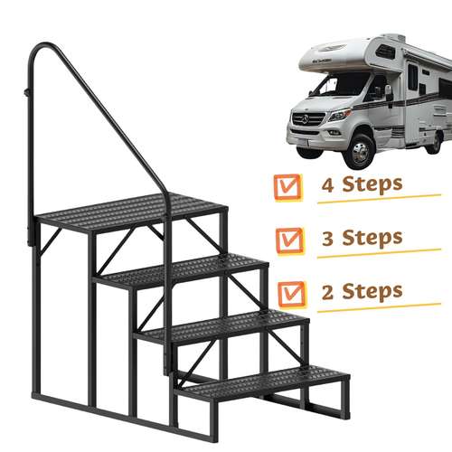 RV Steps With Handrail - 3-Step Portable Stairs For Travel Trailers, Motorhomes & Hot Tubs