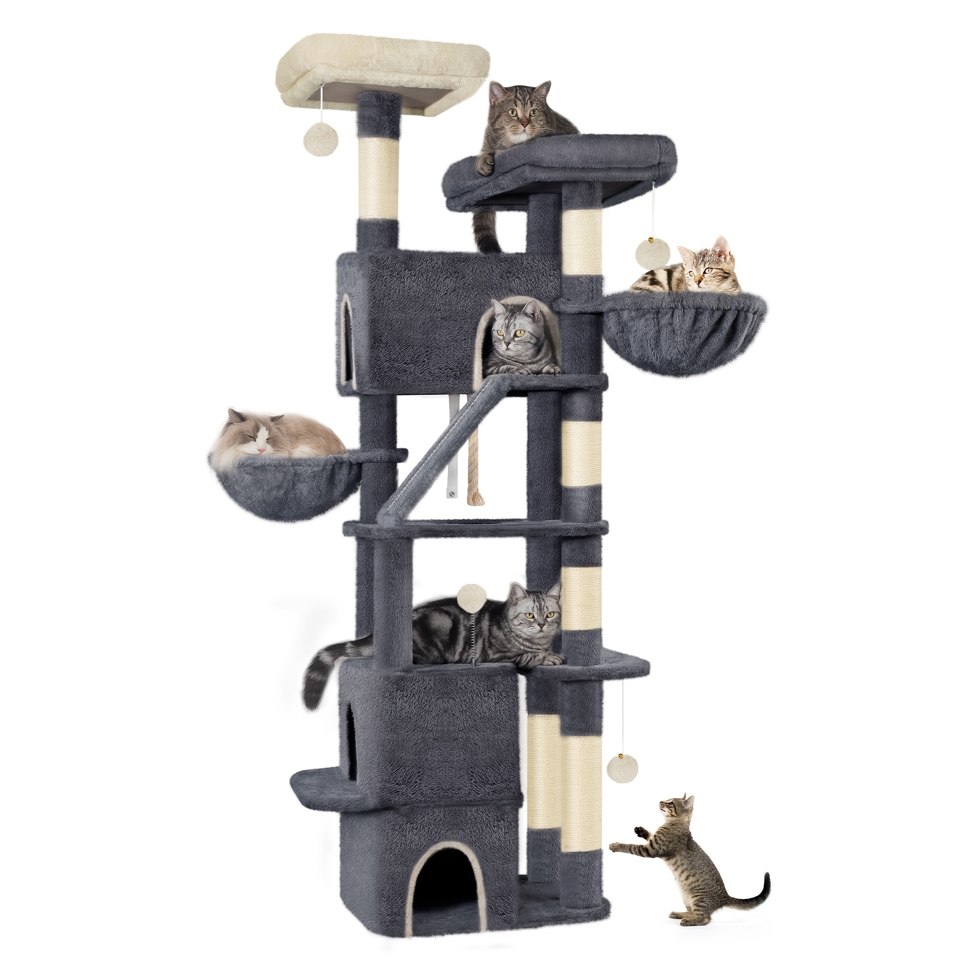 E-shop Großer Kratzbaum für Katzen 185 cm mit 6 Kratzpfosten, 3 , 2 Aussichtsplattformen, 2 Körben, 4 Plüschbällen, Mehrstufiger Kratzbaum