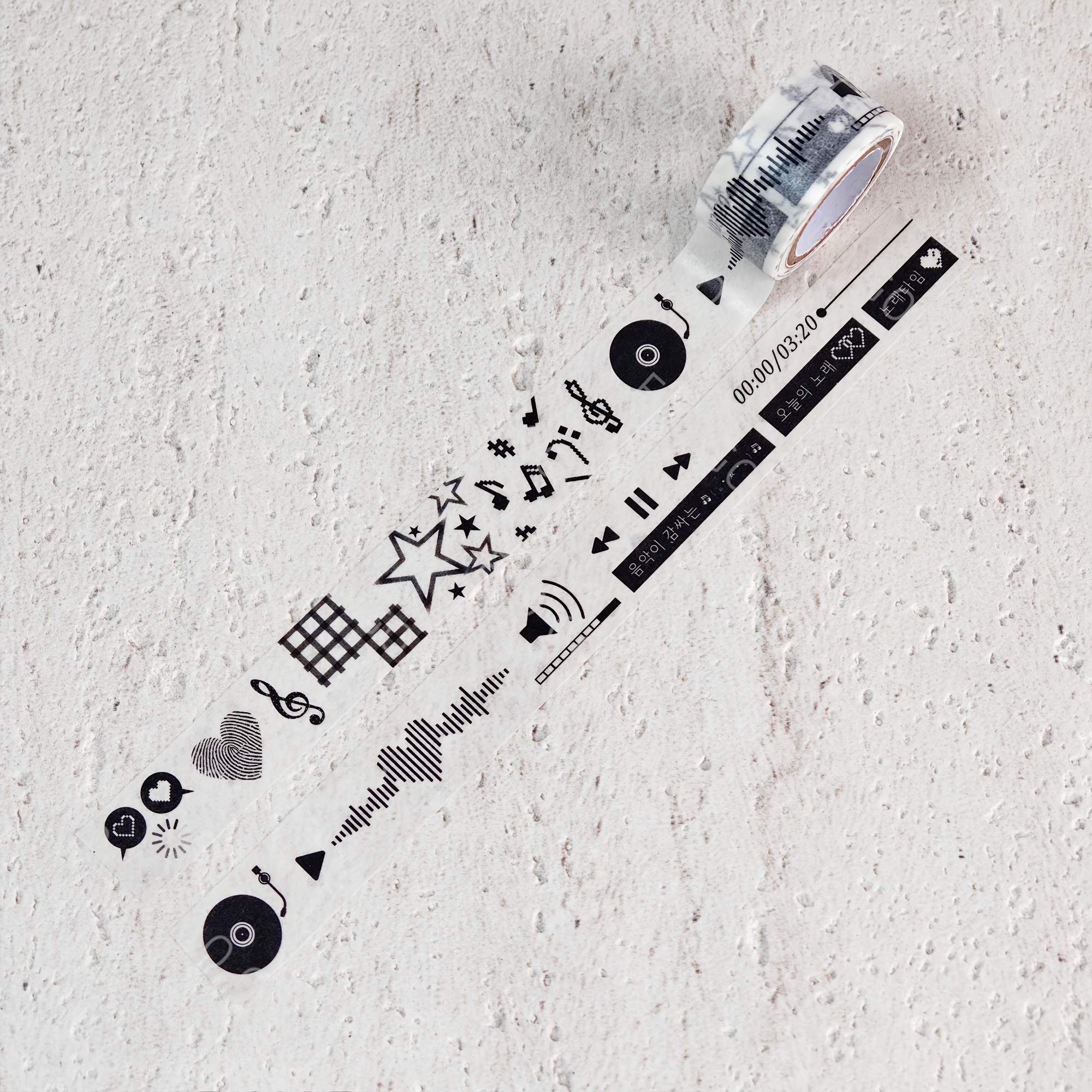 TEMU Korean- Themed Washi Tape, Single Roll, 20mm X 5m, Paper Decorative Tape With Black And White Minimalist Musical Notes And Stars Creative