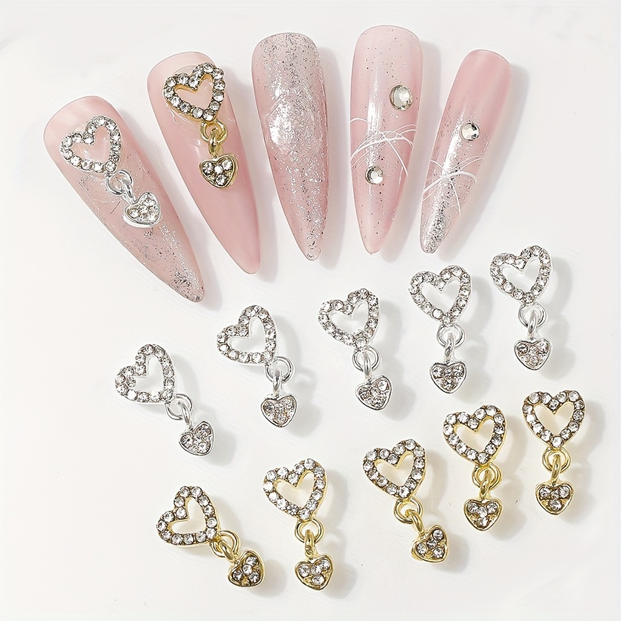 

10pcs Heart Nail Charms Nail Rhinestones Golden Silvery Alloy 3d Dangle Heart Nail Art Pendant Nail Jewelry Charms Crystal Metal Nail Gems Nail Supplies For Nails Diy